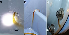 Mit Wassertest detektierte Fehlstellen - 3 Bilder: Pore in einem verdeckten Hohlraum, Schweißnaht, Schraubverbindung an einem Flanschübergang
